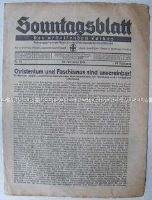 Wochenzeitung des Bundes Religiöser Sozialisten u.a. zur Unvereinbarkeit von Christentum und Faschismus