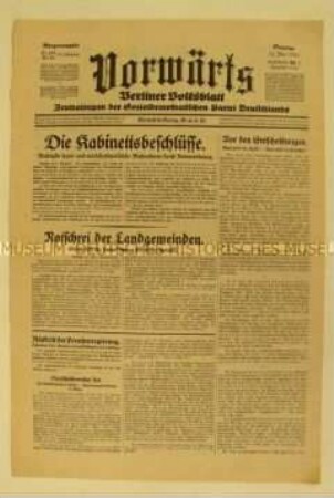 Titelblatt des Zentralorgans der SPD "Vorwärts" zu Kabinettsbeschlüssen im Rahmen der Notverordnung