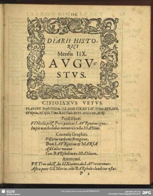 Diarii Historici Mensis IIX. Augustus