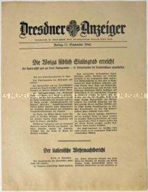 Nachrichtenblatt "Dresdner Anzeiger" mit Meldungen des Oberkommandos der Wehrmacht und des italienischen Oberkommandos u.a. zur Schlacht um Stalingrad