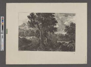 [Waldlandschaft mit See, Gebirge und Bauern]