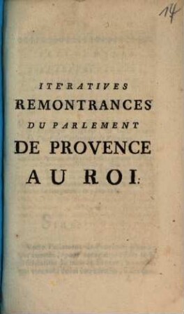 Itératives Remontrances Du Parlement De Provence Au Roi : [A Aix, le 30 Juin 1760]