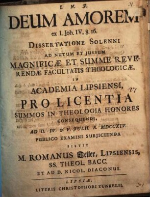 Deum Amorem ex I. Jo. IV, 8. 16 Dissertatione Solenni ...