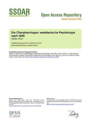 Die Charakterologen: westdeutsche Psychologie nach 1945