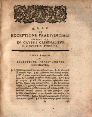 Dissertatio Ivridica De Exceptione Praeivdiciali, Eivsqve Vsv In Cavssis Criminalibvs
