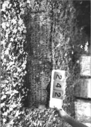 Grabstein 242 (Index: 99799941) Material: Sandstein Zustand: Stele abgebrochen, verwittert Maße HxBxT: 34x89x8 cm Beschreibung: Unterteil einer Doppelstele, abgebrochen: Grabstein 242