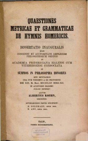 Quaestiones metricae et grammaticae de hymnis Homericis