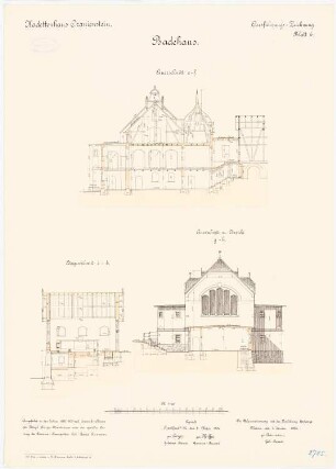 Kadettenhaus, Oranienstein: Badehaus: Aufriss, Längsschnitt, Querschnitt 1:100