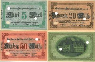 Gutscheine (Notgeldscheine) der Stadt Heilbronn über 5, 10, 20, 50 Mark (Ausgabedatum 17.10.1918)
