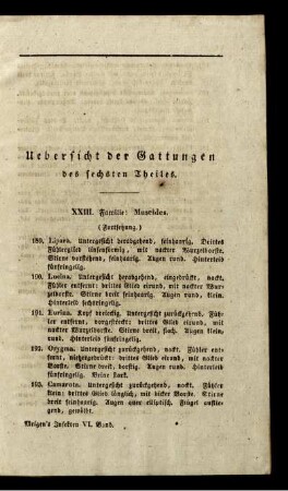 Uebersicht der Gattungen der Gattungen des sechsten Theiles.