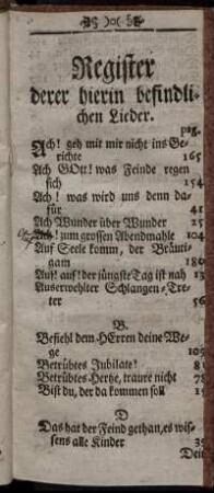 Register derer hierin befindlicher Lieder.