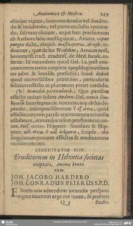 Exercitatio XLIV. Eruditorum in Helvetia societas exoptata. Anima brutorum. Joh. Jacobo Hardero Joh. Conradus Peierus S. P. D.