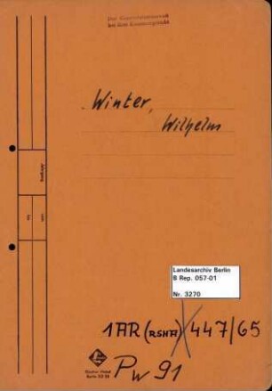 Personenheft Wilhelm Winter (*10.01.1902), Kriminalobersekretär
