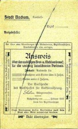Nachweiskarte über den Bezug von Brot ud Mehl (ohne Eintragungen)