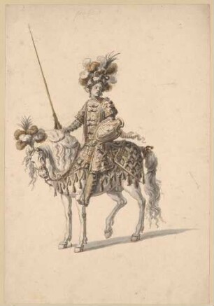 Kostümentwurf: Maurischer Reiter nach links in olivgrüner Uniform - "Page" (Kostümfigurine für die "Quadrille des Maces")