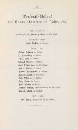 Personal-Bestand der Handelskammer im Jahre 1882.