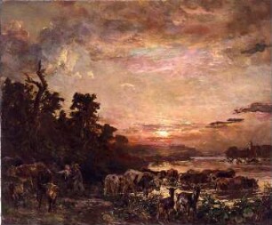 Viehherde am Fluss bei Sonnenuntergang