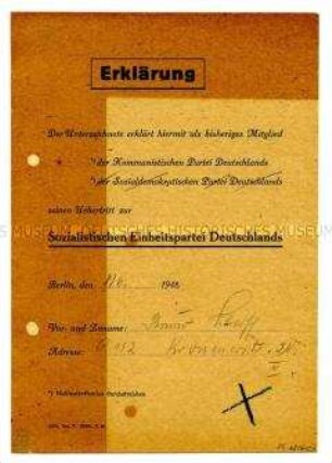 Erklärung des Übertritt von der KPD in die SED