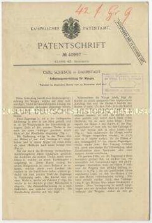 Patentschrift einer Entlastungsvorrichtung für Waagen, Patent-Nr. 40997