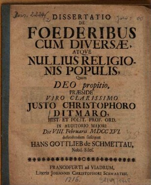 Diss. de foederibus cum diversae, atque nullius religionis populis