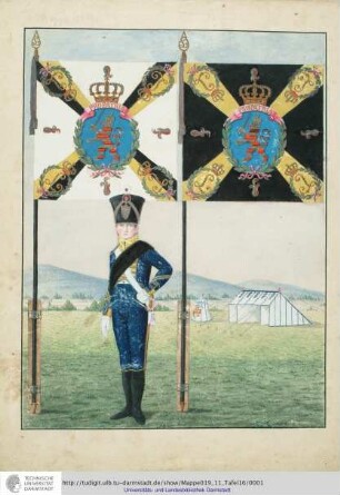 Abbildung Des Gros[s]herzoglich Hessischen Militair. [Tafel 16: Regiment Groß- und Erbprinz; Fahnenträger in der Uniform eines Sergeanten mit den Fahnen des Regiments]. S.l.e.a. [ca. 1813/14]