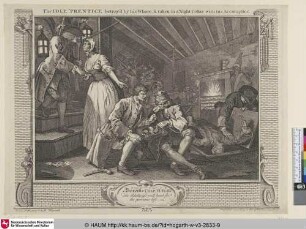 The Idle 'Prentice betray'd by his Whore, & taken in a Night Cellar with his Accomplice.