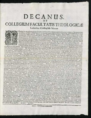 Decanus, Et Collegium Facultatis Theologicae Lectoribus Christophilis Salutem