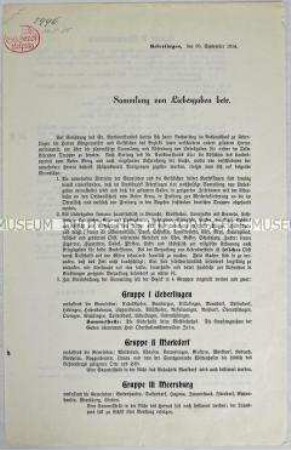 Rundschreiben zur Sammlung von "Liebesgaben" für die Frontsoldaten