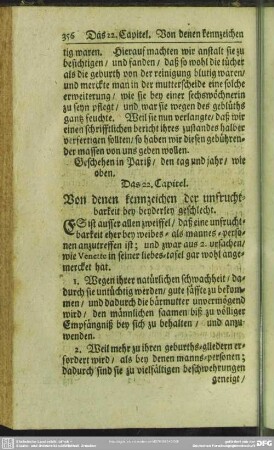 Das 22. Capitel. Von denen kennzeichen der unfruchtbarkeit bey beyderley geschlecht
