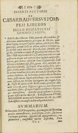 Incerti Auctoris De Cæsarisaversus Pompeii Lberos Bello Hispaniensi