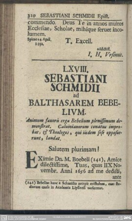 LXVIII. Sebastiani Schmidii ad Balthasarem Bebelium