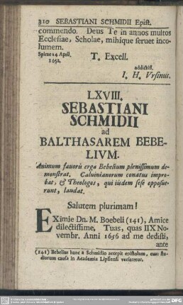 LXVIII. Sebastiani Schmidii ad Balthasarem Bebelium