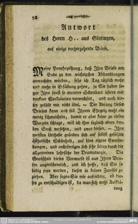 Antwort des Herrn H ... aus Göttingen, auf einige vorhergehende Briefe
