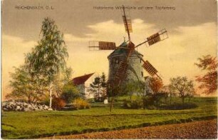 Reichenbach/O.L.. "Historische Windmühle auf dem Töpferberg", kolorierte Ansichtskarte
