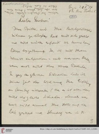 Nachlass Gustav Radbruch. Korrespondenz Hermann Kantorowicz/Gustav Radbruch: Brief von Hermann Kantorowicz an Gustav Radbruch