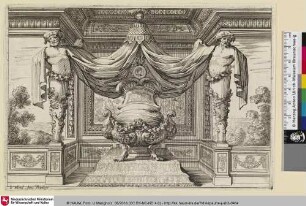 [Alkoven mit einem auf einem Podest stehenden Bett, flankiert von zwei Hermen; Dans une alcôve, un lit dont les draperies du ciel s'accrochent à des atlantes]
