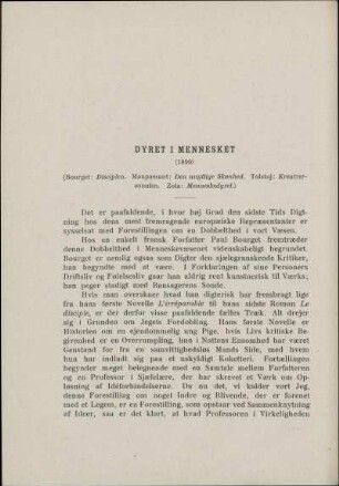 Dyret i Mennesket (Paul Bourget, f. 1852, Maupassant, Tolstoj, Zola)