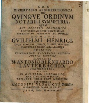 Dissertatio architect. de quinque ordinum notabili symmetria