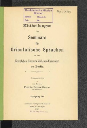 3.1900: Mitteilungen des Seminars für Orientalische Sprachen an der Friedrich Wilhelms-Universität zu Berlin