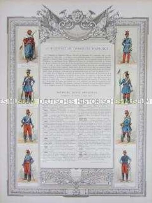 Uniformdarstellung, Rüstungen und Uniformen von Soldaten des 1. Afrikanischen Jäger-Regiments zu Pferde und Zeittafel von Schlachten und Belagerungen mit Beteiligung dieses Regiments, Frankreich, 1831-1883.