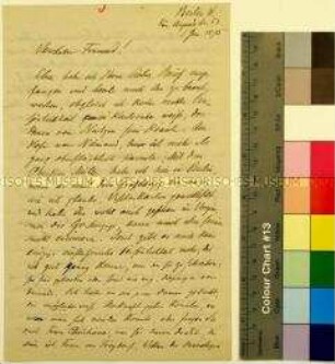 Brief des Malers Hans Frederik Gude an den befreundeten Komponisten Sigismund Blumner betreffend Kontaktaufnahme zum Karlsruher Hof oder den Karlsruher Musikkreisen sowie Berichte aus der Familie