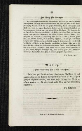Notiz : (Preisbewerbung für 1861 betreffend)