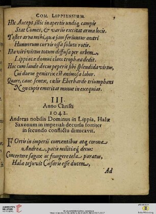 III. Anno Christi 1042. Andreas nobilis Dominus in Lippia, Halæ Saxonum in imperiali decursu fortiter in secundo conflictu dimicavit