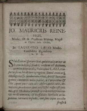 Jo. Mauricius Reinesius, [...] Jo. Laurentio Lӕlio [...] Candidato dignissimo