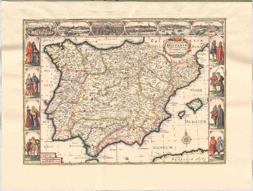 Nova et accurata Tabula Hispaniæ : Præcipuis Urbibus Vestitu, Insignibus, et Antiquitatibus