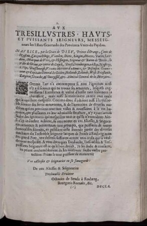 Aux Tresillustres Hauts Et Puissants Seigneurs, Messeigneurs les Estats Generaulx des Provinces Vnies du Paysbas.