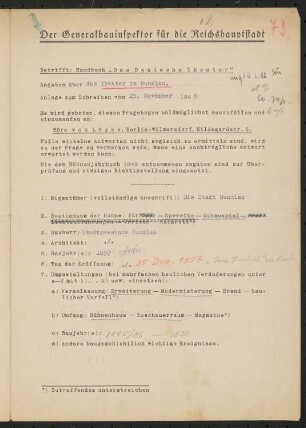 Stadttheater, Bunzlau: Fragebogen für das Handbuch »Das Deutsche Theater«, vierseitiges Dokument