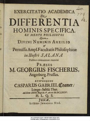 Exercitatio Academica De Differentia Hominis Specifica. Ex Mente Philosophi