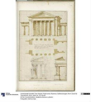 Drei Skizzen: Porta Aurea, Ravenna; Gallienusbogen, Rom; Grabmal Theodorichs, Rom