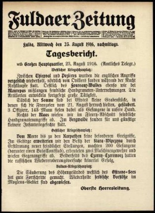 Erste Ausgabe vom Mittwoch, den 23. August 1916.